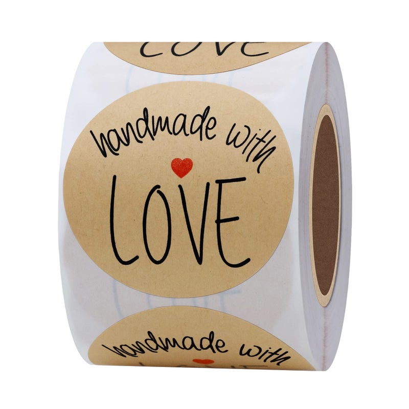 Hybsk Kraft Handmade with Love Stickers with Black Font Total 2" Round 300 Adhesive Labels Per Roll - Image 1